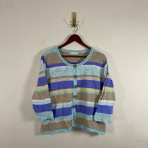 Lulu B Striped Cardigan Knit Sweater Colorful Size XL Cotton Wood Buttons Whimsy